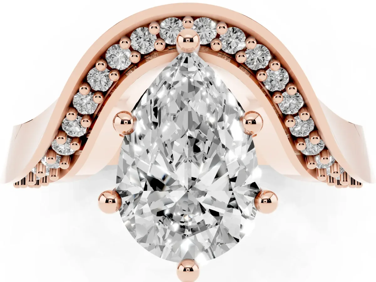 Pear Cut Solitaire Diamond Engagement Ring with Pave Band and Four-Prong Setting Rose gold