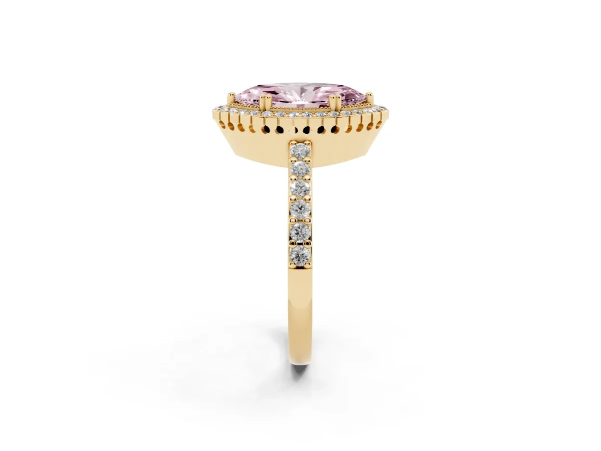 Fancy Pink Marquise Cut Cut Diamond Halo Engagement Ring with Milgrain Detail and Pavé Band Yellow gold