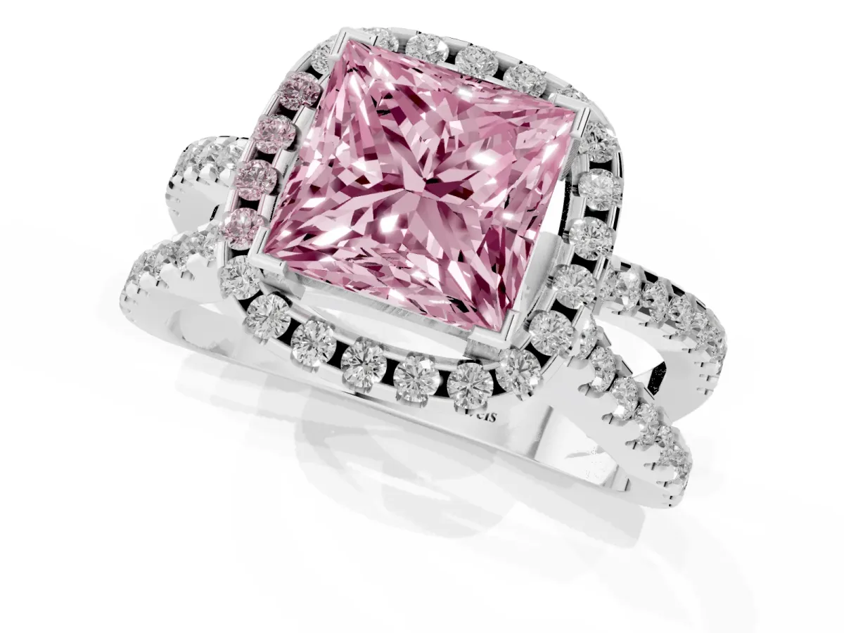Fancy Pink Princess Cut Diamond Halo Ring with Split Shank Pavé Band and Prong Setting Silver