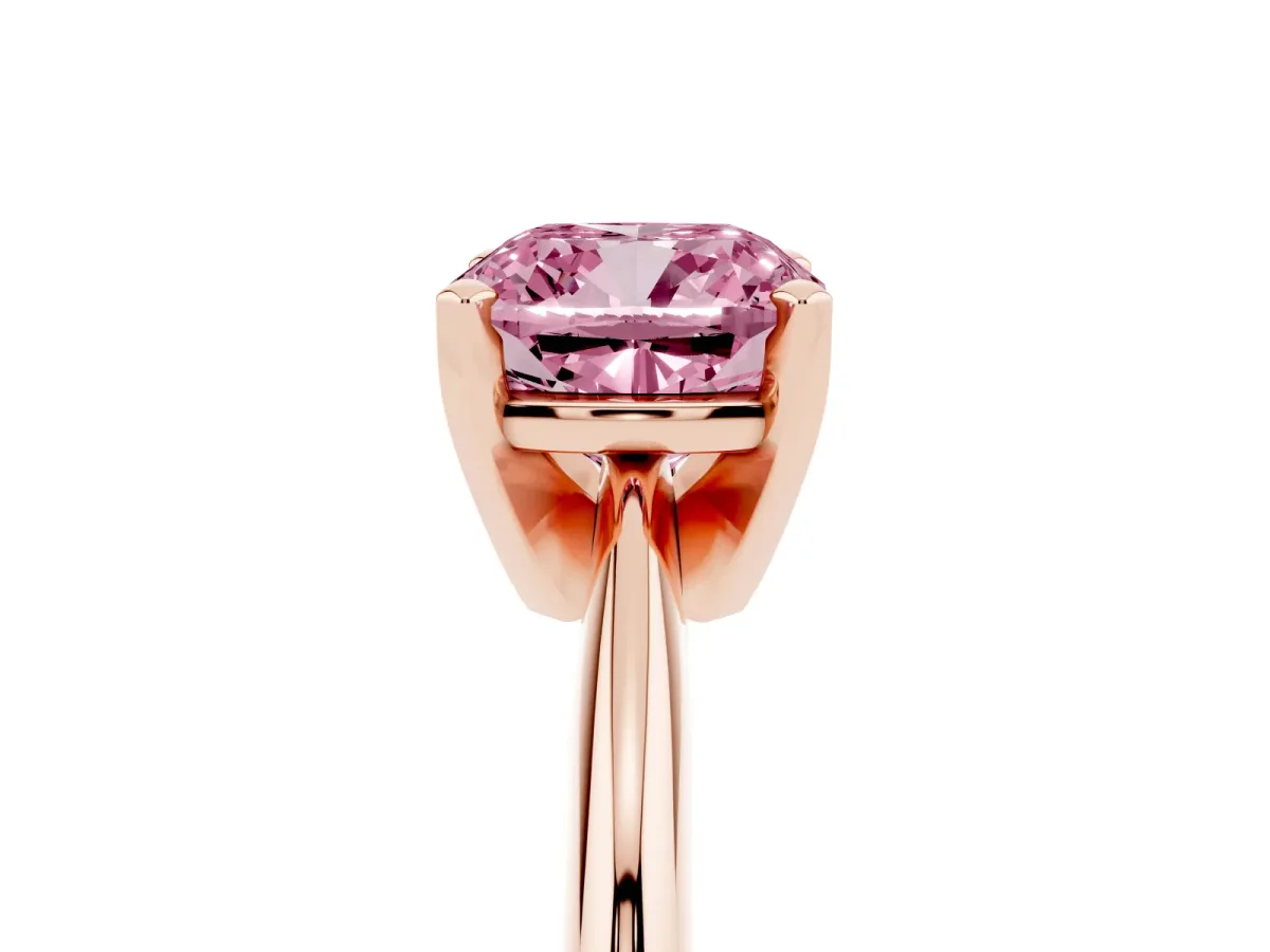 Fancy Pink Cushion Cut Cut Solitaire Ring with Four-Prong Setting on a Classic Band Rose gold