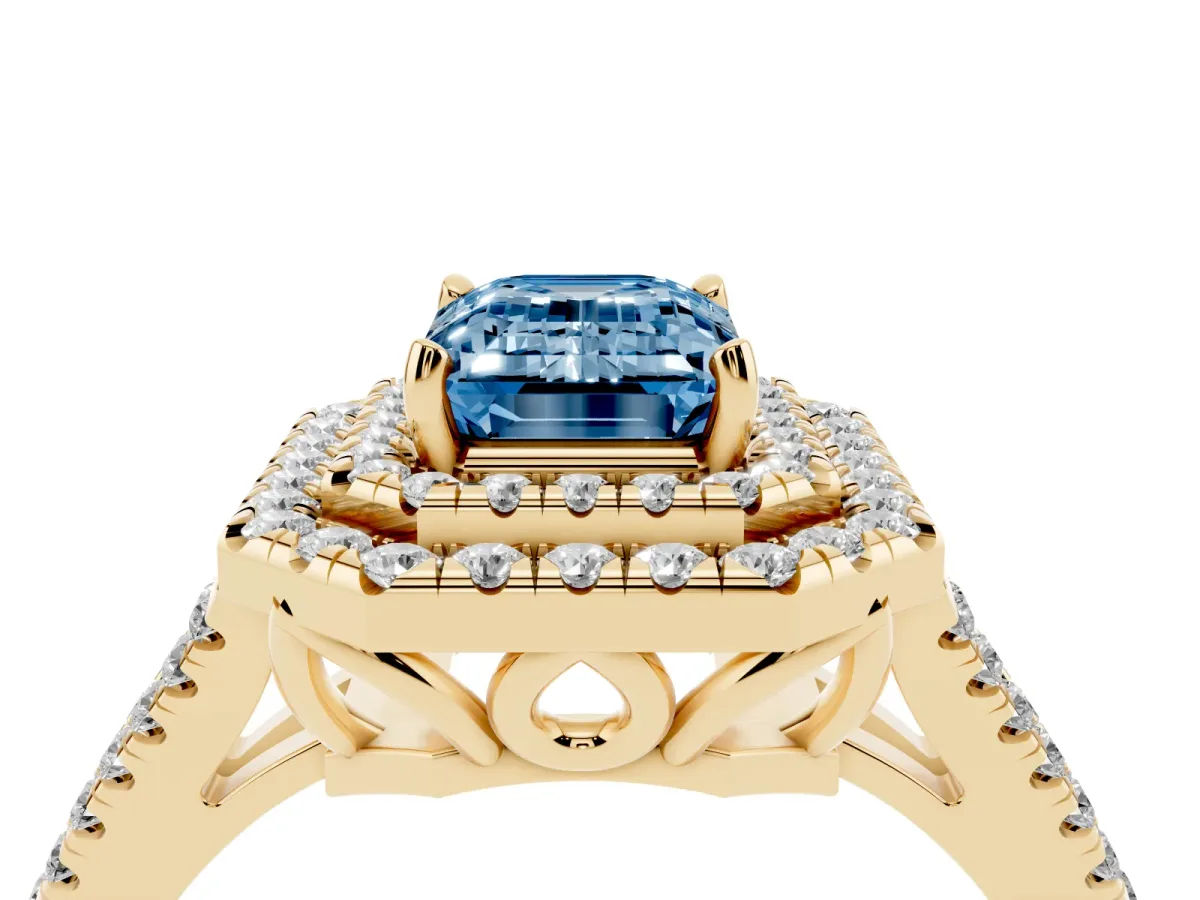 Fancy Blue Emerald Cut Diamond Double Halo Ring with Pavé Band and Prong Setting Yellow gold