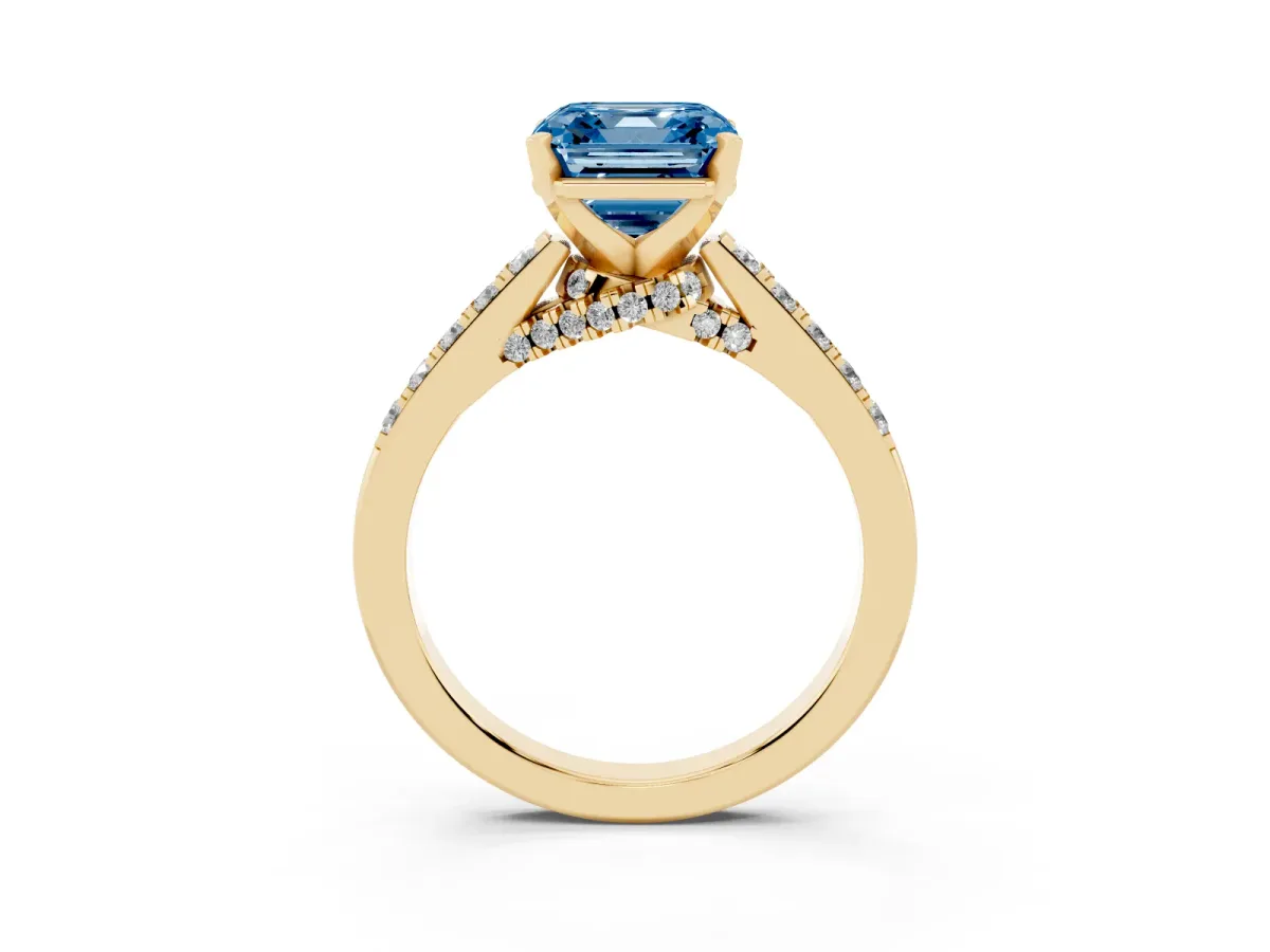 Fancy Blue Asscher Cut Diamond Solitaire Ring with Crossover Gallery and Round Pavé Band Yellow gold