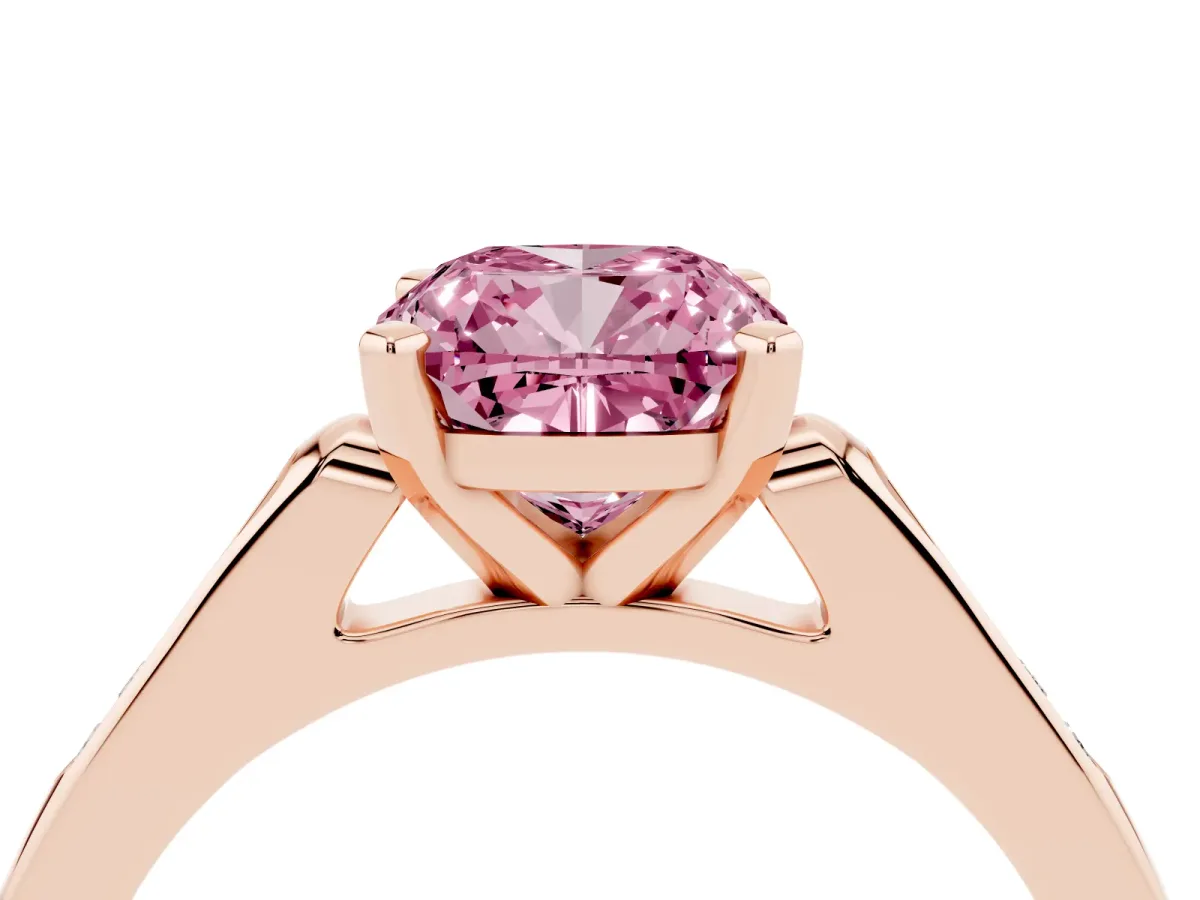 Fancy Pink Cushion Cut Diamond Solitaire Ring with Channel Set Round Band and Prong Setting Rose gold