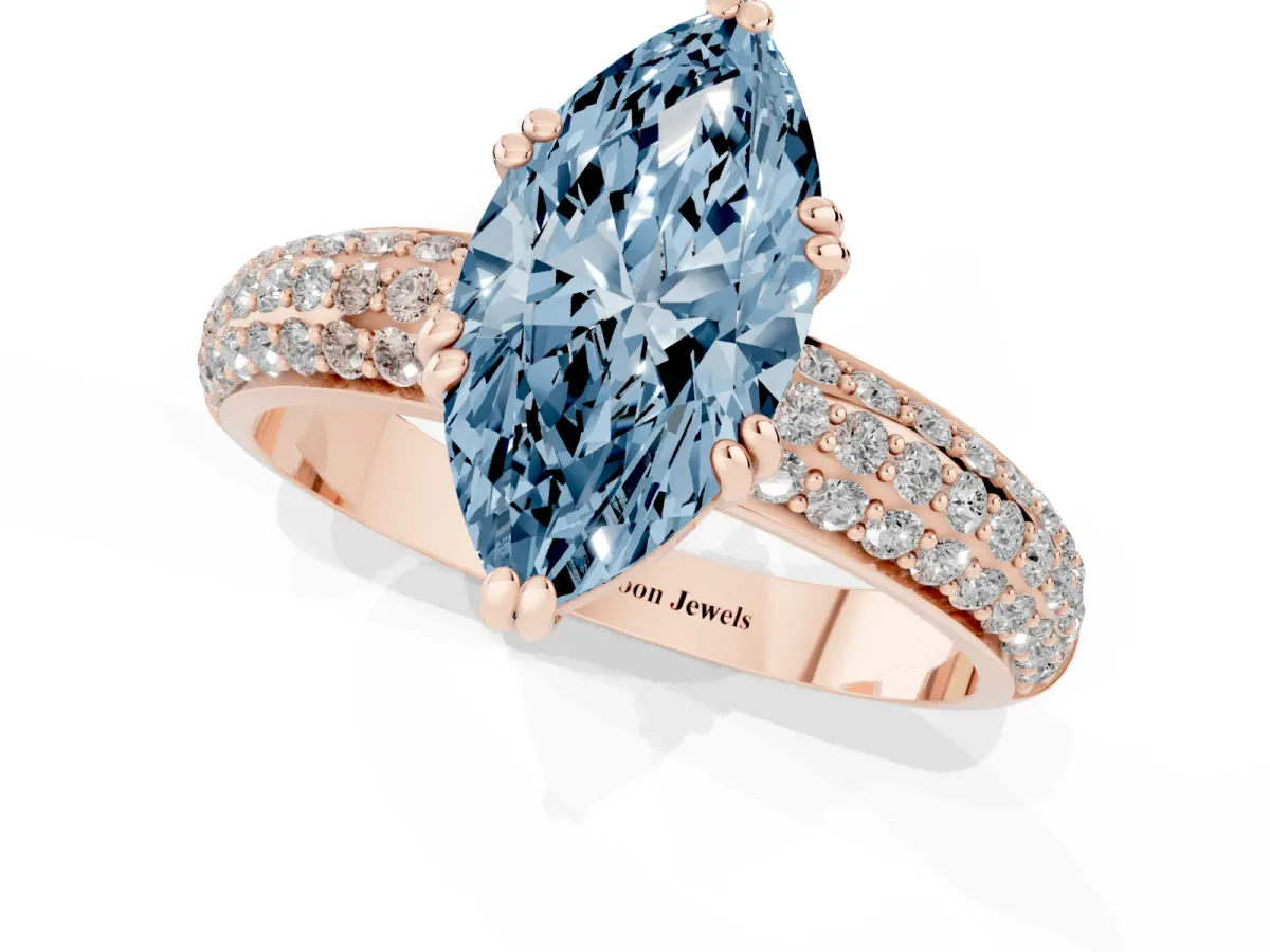 Fancy Blue Marquise Cut Diamond Solitaire Ring with Multi-Row Round Pavé Band and Prong Setting Rose gold