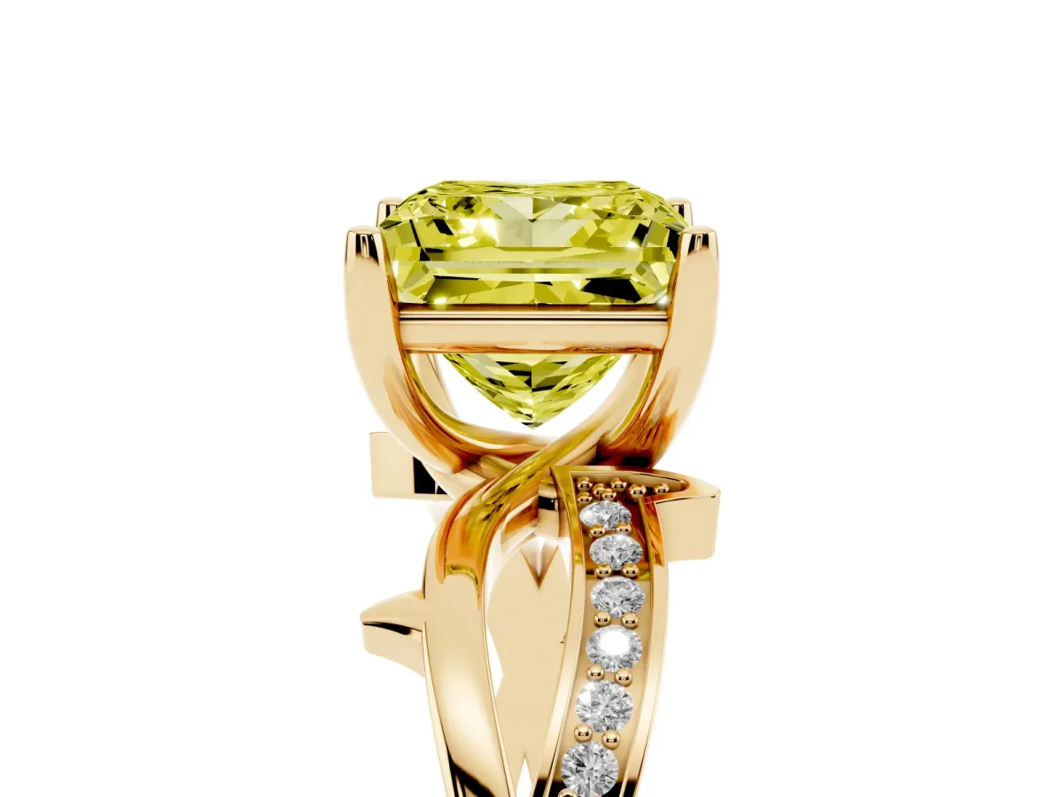 Fancy Yellow Princess Cut Solitaire Twist Band with Pavé Accents and Four-Prong Setting Yellow gold