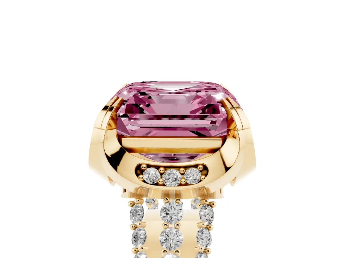 Fancy Pink Asscher Cut Solitaire Pave Split Shank Ring with Four-Prong Setting Yellow gold