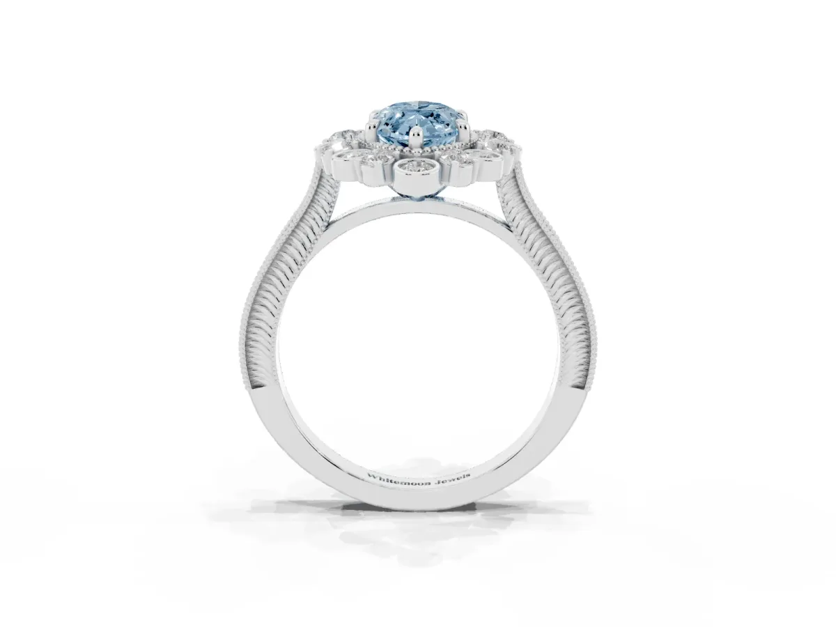 Fancy Blue Marquise Cut Halo Milgrain Pave Diamond Ring with Four-Prong Setting White gold