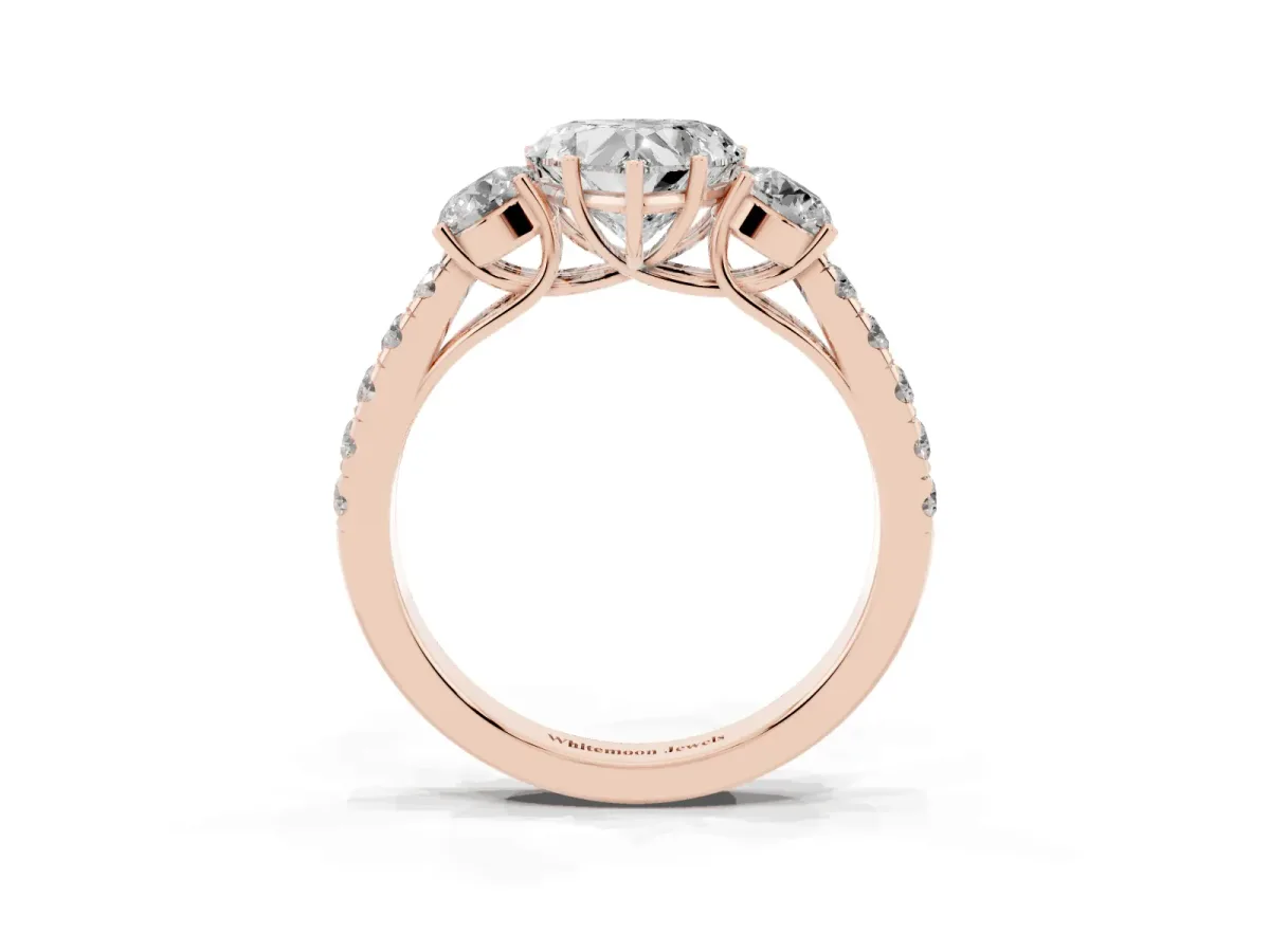 Heart Cut Cut Diamond Three-Stone Ring with Round Side Stones and Pavé Band Rose gold