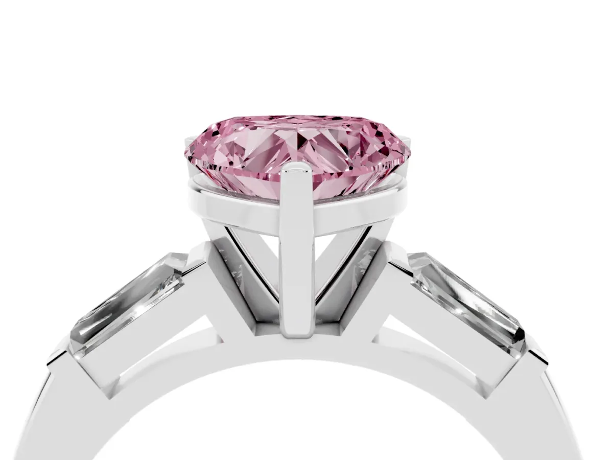 Fancy Pink Heart Cut Solitaire with Tapered Baguette Side Stones on a Classic Band with Four-Prong Setting Silver