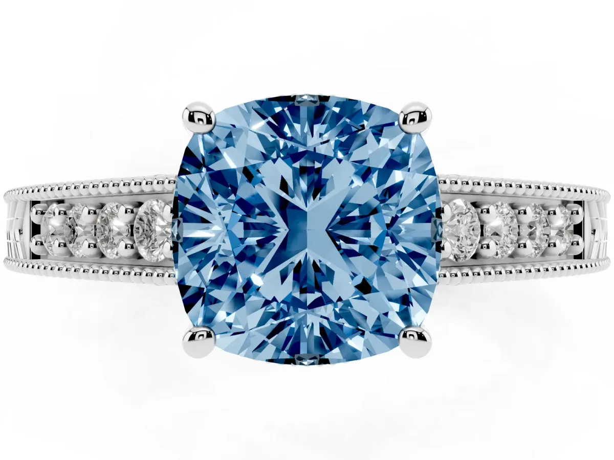 Fancy Blue Cushion Cut Solitaire Pavé Diamond Milgrain Engagement Ring with Four-Prong Setting Silver