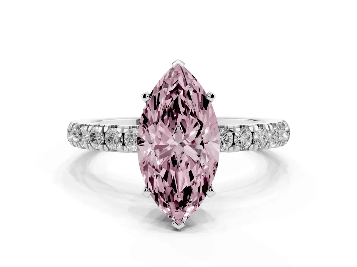 Fancy Pink Marquise Cut Diamond Solitaire Ring with Pavé Accents and Four-Prong Setting Silver