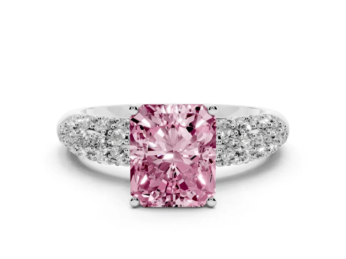 Fancy Pink Radiant Cut Diamond Pavé Band Solitaire Ring with Four-Prong Setting White gold