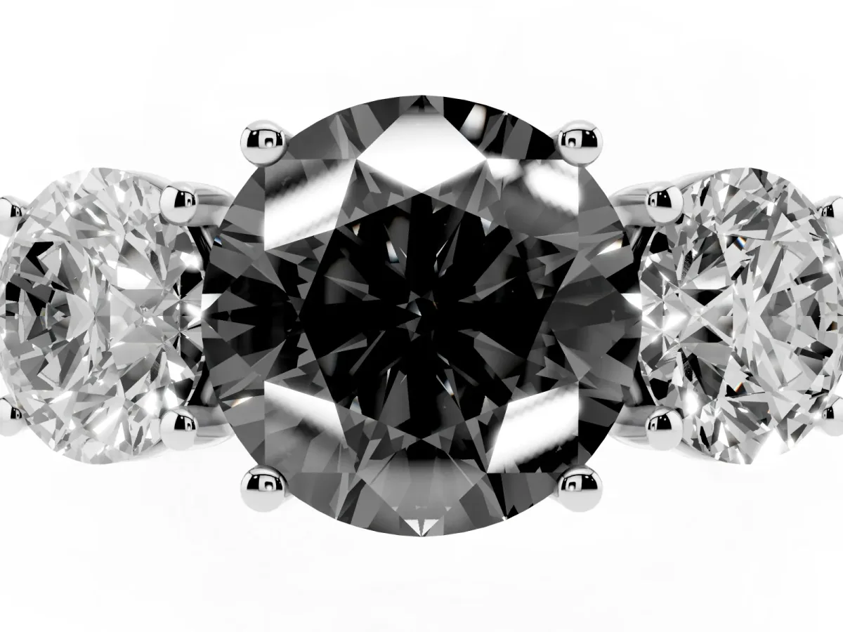 Fancy Black Three-Stone Round Cut Diamond Ring with Round Pavé Band and Prong Setting Silver