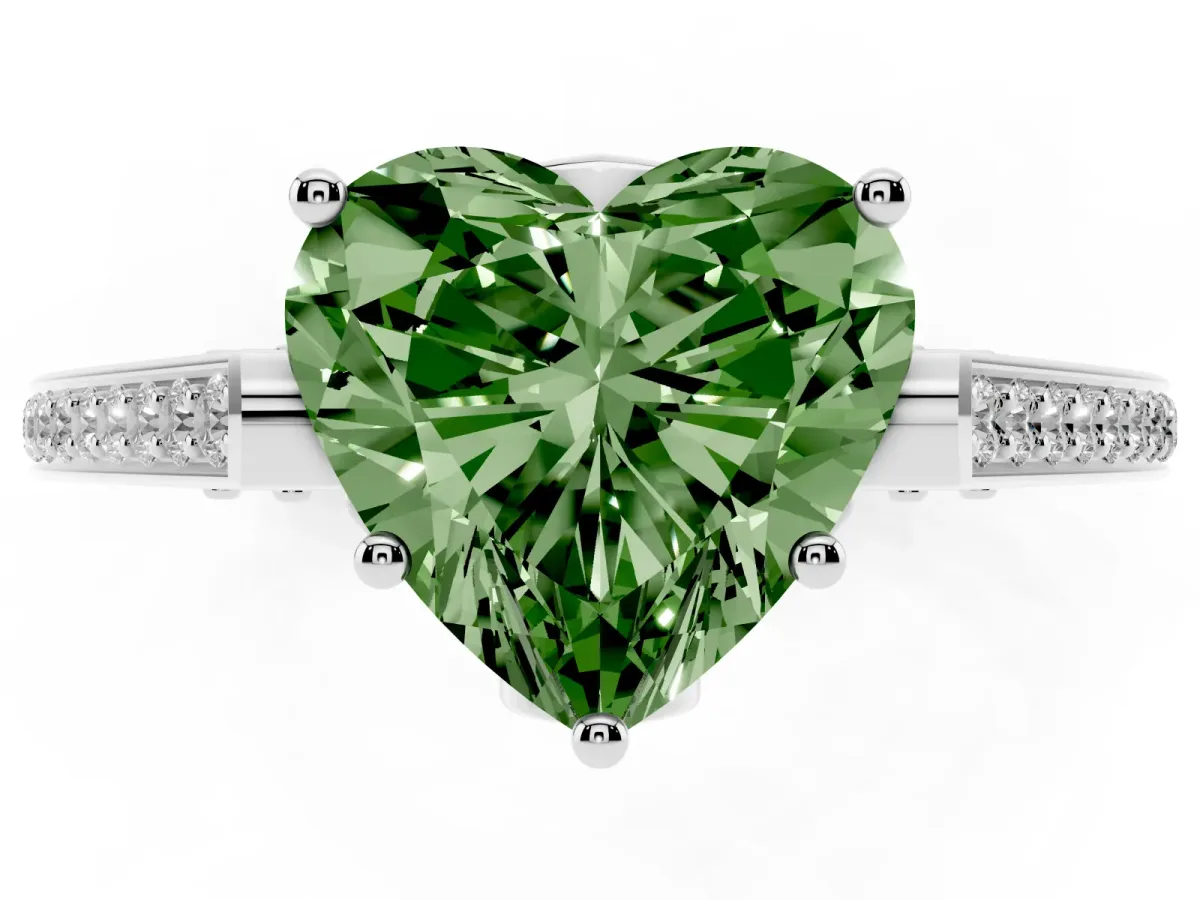 Fancy Green Heart Cut Cut Cathedral Pave Diamond Engagement Ring with Six-Prong Setting Silver