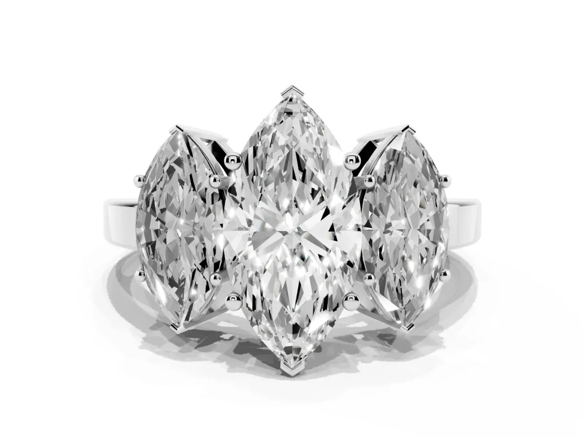 Three-Stone Marquise Cut Cut Diamond Engagement Ring with Flat Band and Four-Prong Setting Silver