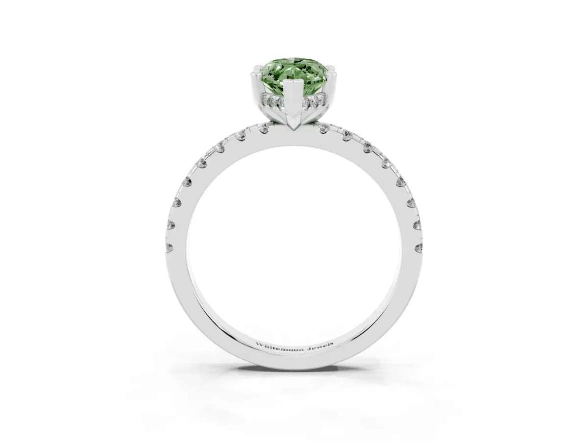 Fancy Green Marquise Cut Diamond Solitaire Ring with Round Pavé Band and Four-Prong Setting Silver