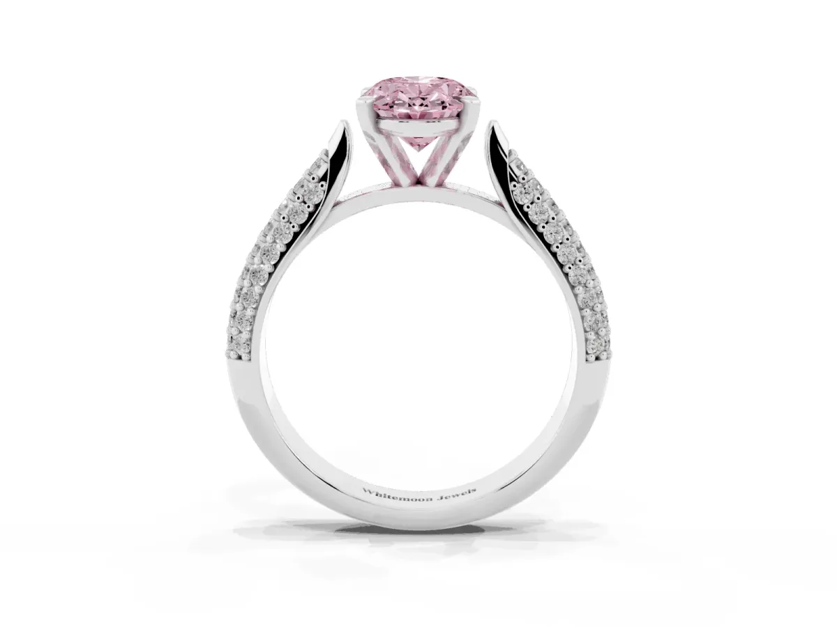 Fancy Pink Oval Cut Diamond Solitaire Engagement Ring with Multi-Row Round Pavé Band and Prong Setting Silver