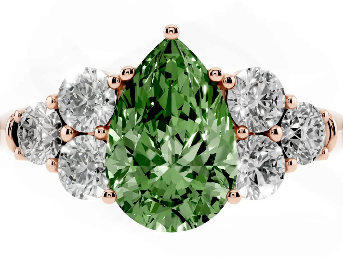 Fancy Green Pear Cut Cut Diamond Cluster Ring with Round Accent Stones and Prong Setting on a Classic Band Rose gold