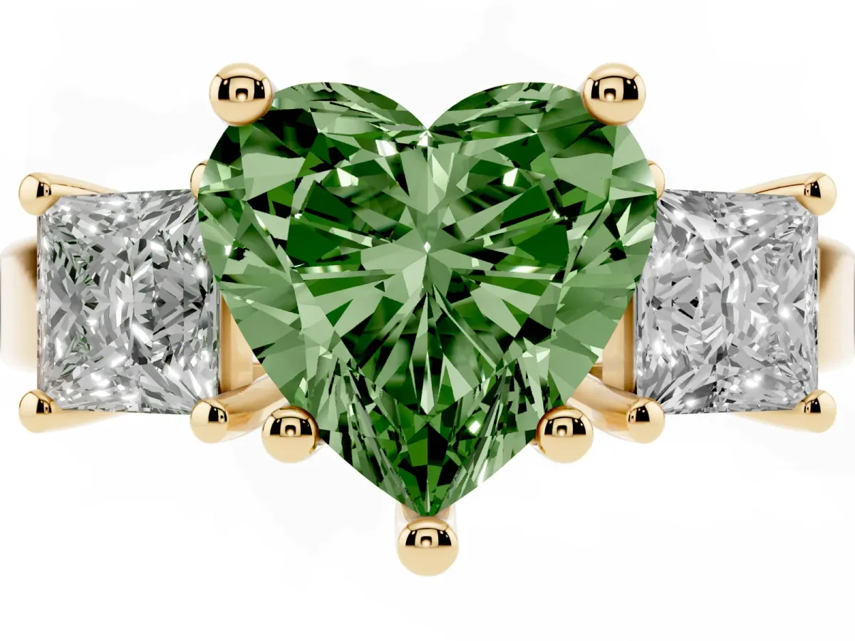 Fancy Green Three-Stone Heart Cut Cut Solitaire Ring with Prong Setting Yellow gold