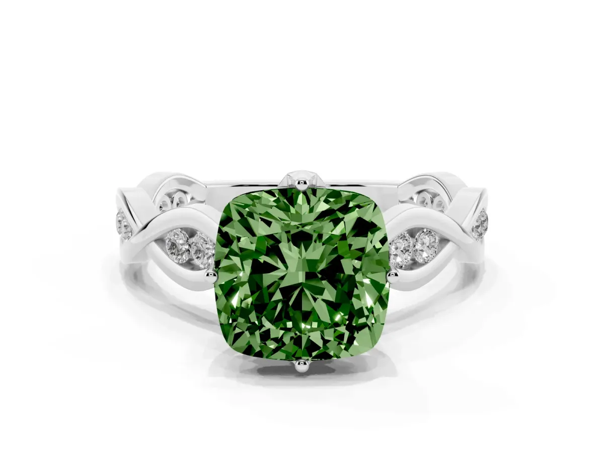 Fancy Green Cushion Cut Solitaire Twist Band with Leaf Prong Setting Silver