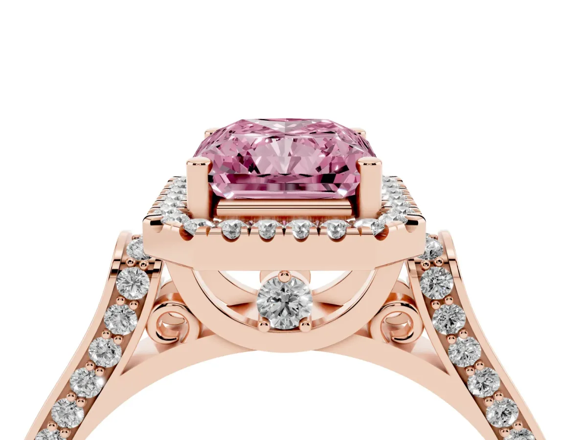 Fancy Pink Radiant Cut Halo Round Diamond Twist Band with Four-Prong Setting Rose gold