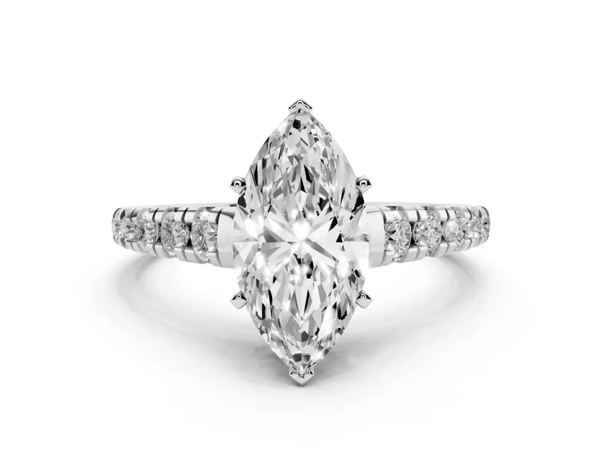 Marquise Cut Diamond Cathedral Solitaire Ring with Round Pavé Band Silver