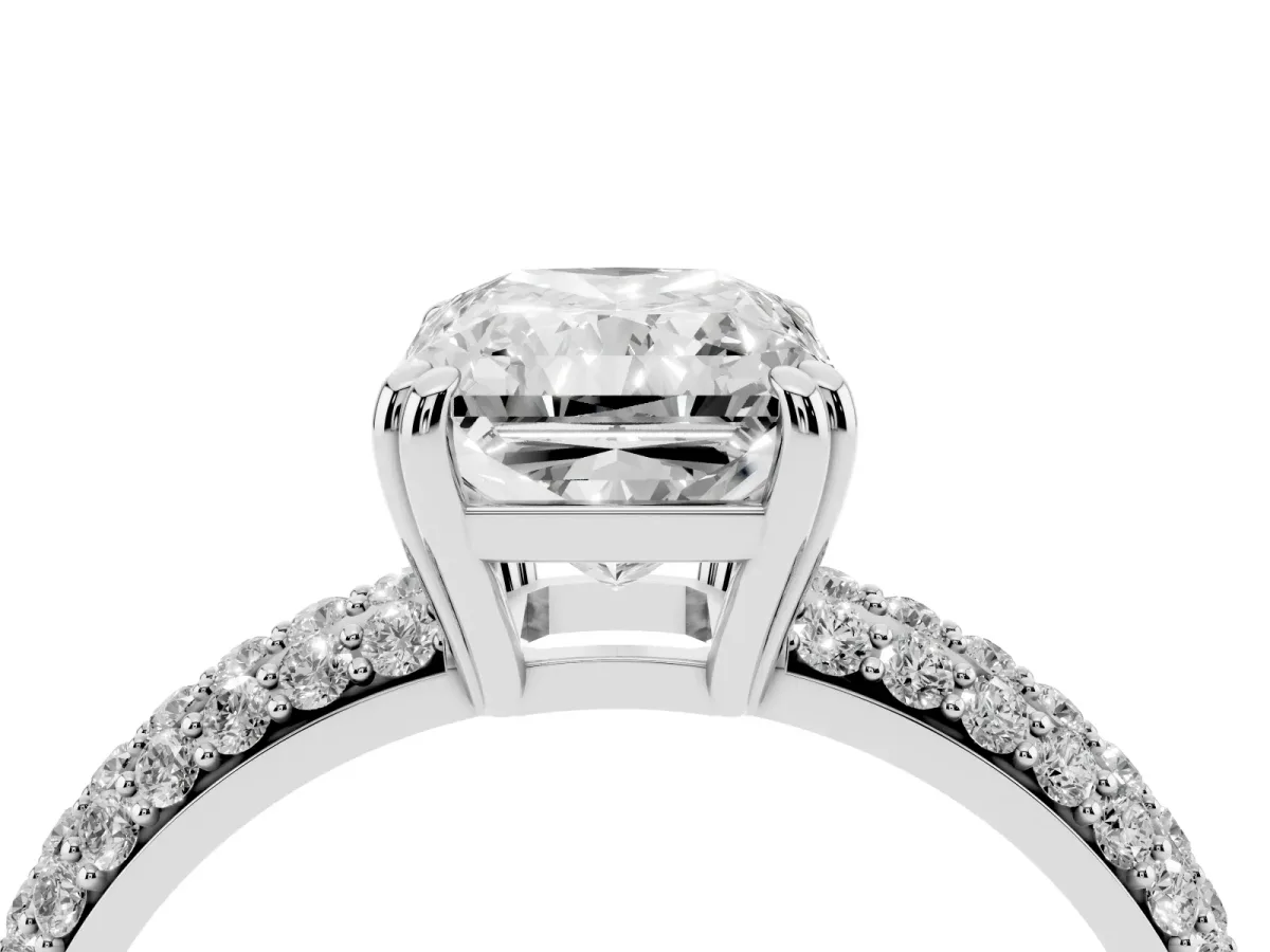 Radiant Cut Diamond Solitaire Ring with Multi-Row Round Pavé Band and Prong Setting Silver