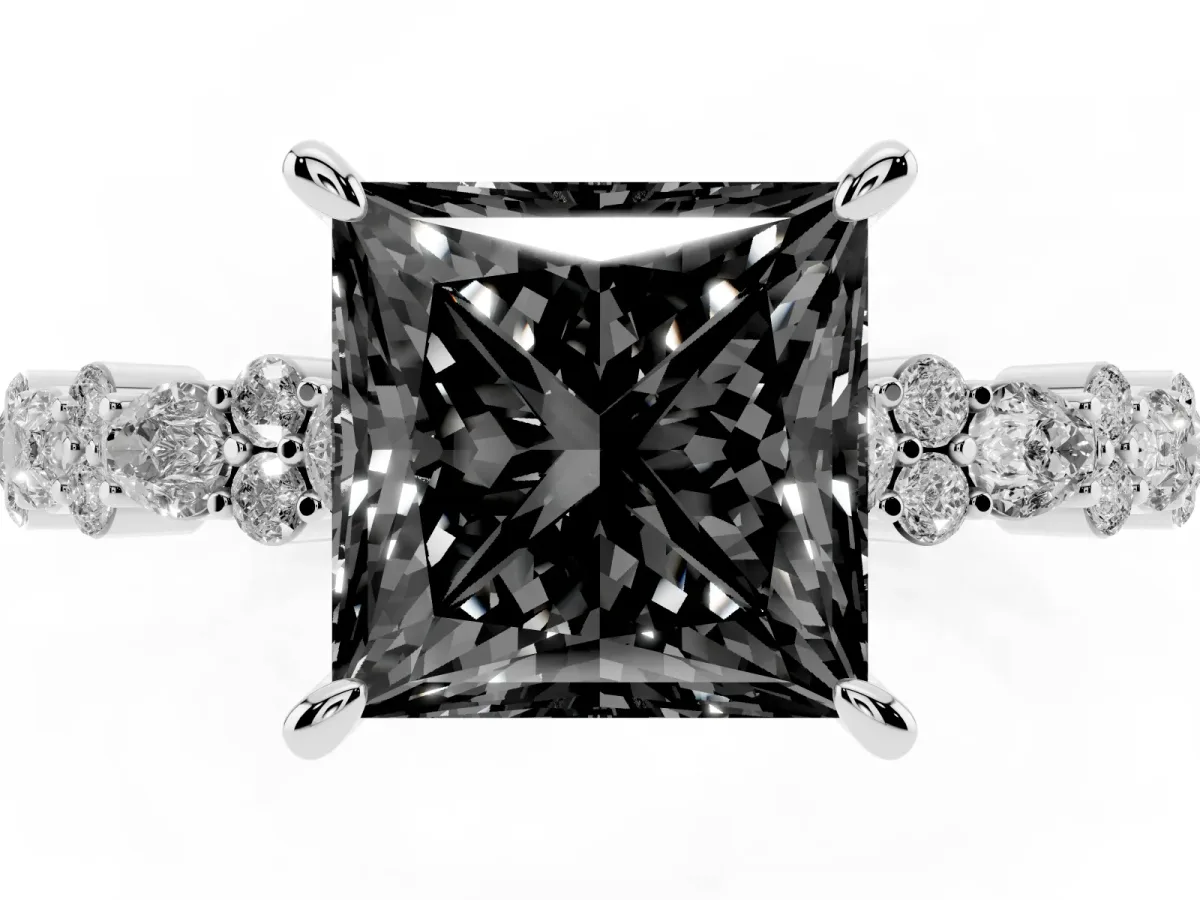 Fancy Black Princess Cut Diamond Side Stone Solitaire Ring with Round and Four-Prong Setting Silver