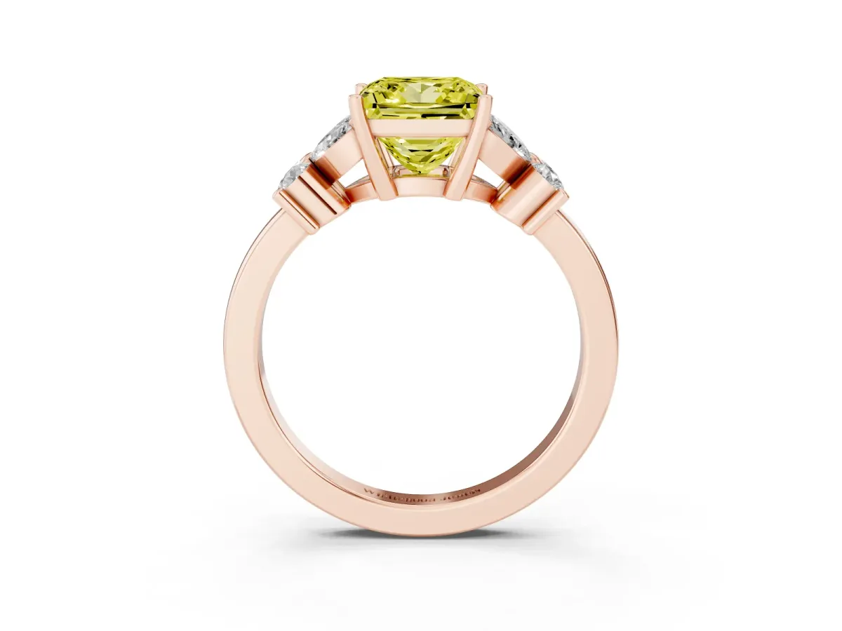 Fancy Yellow Princess Cut Diamond Floral Cluster Ring with Solitaire Band and Prong Setting Rose gold