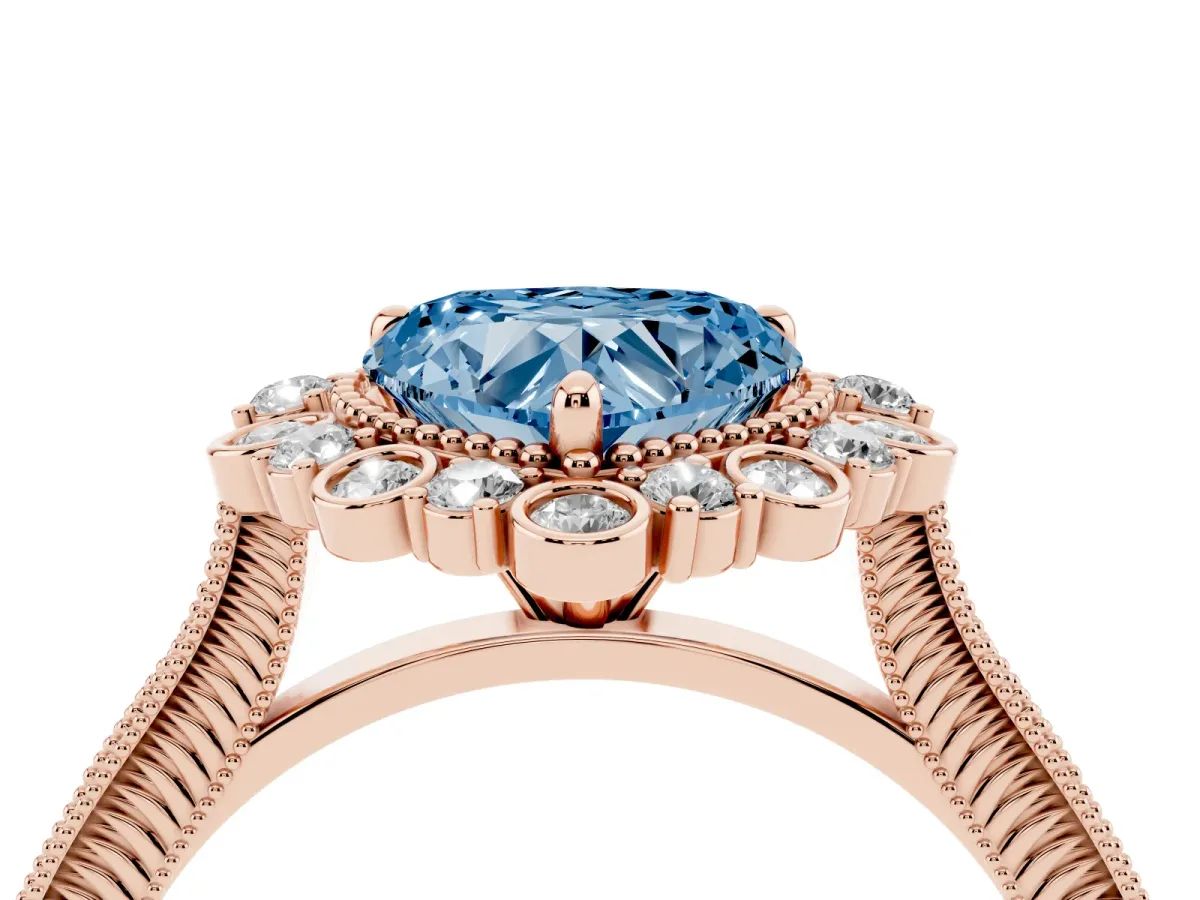 Fancy Blue Heart Cut Halo Milgrain Pave Diamond Ring with Four-Prong Setting Rose gold