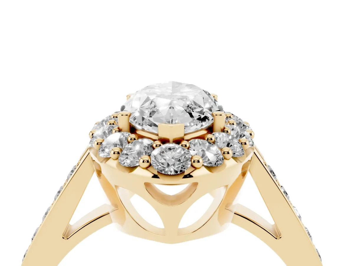 Marquise Cut Diamond Floral Halo Ring with Pavé Band and Prong Setting Yellow gold