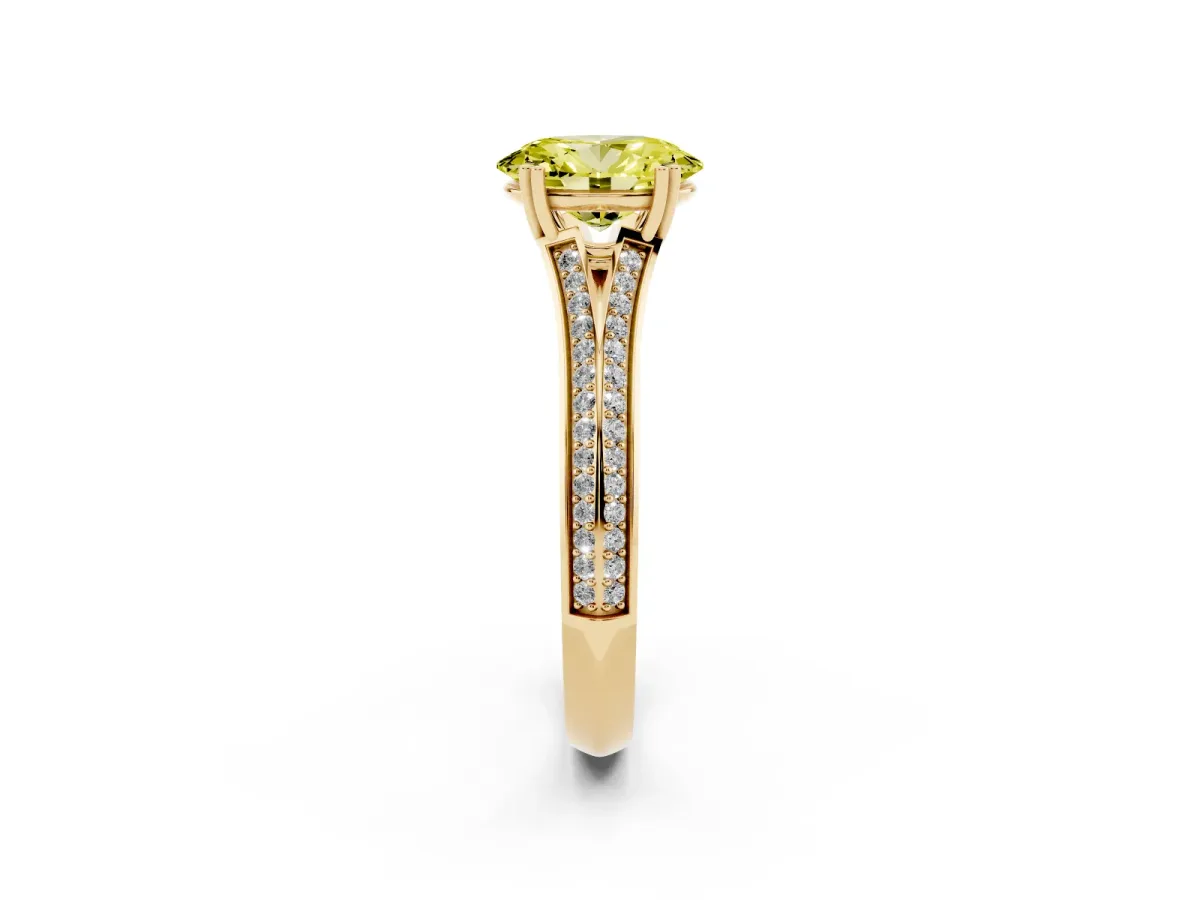 Fancy Yellow Oval Cut Diamond Split Shank Engagement Ring with Pavé Band Yellow gold
