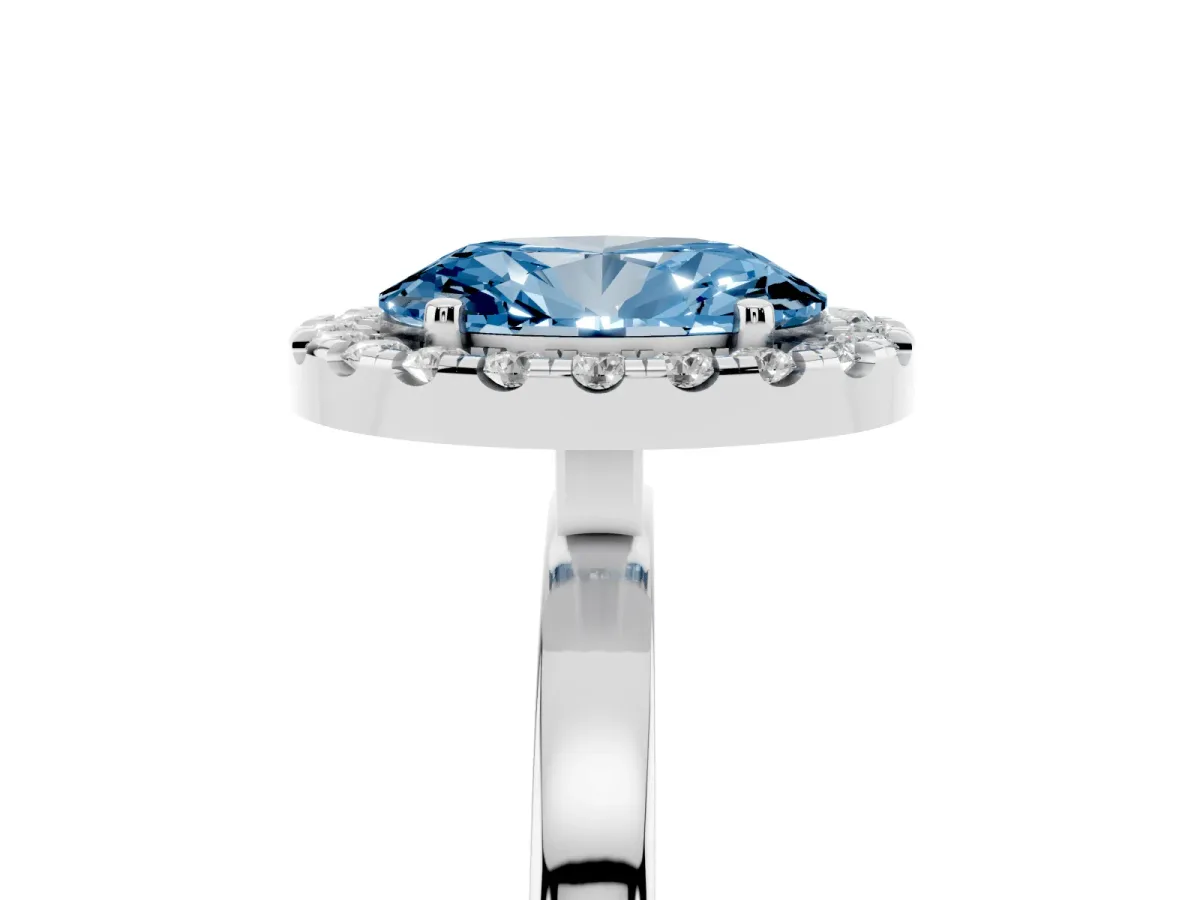 Fancy Blue Oval Cut Halo Diamond Solitaire with Pavé Band and Four-Prong Setting White gold
