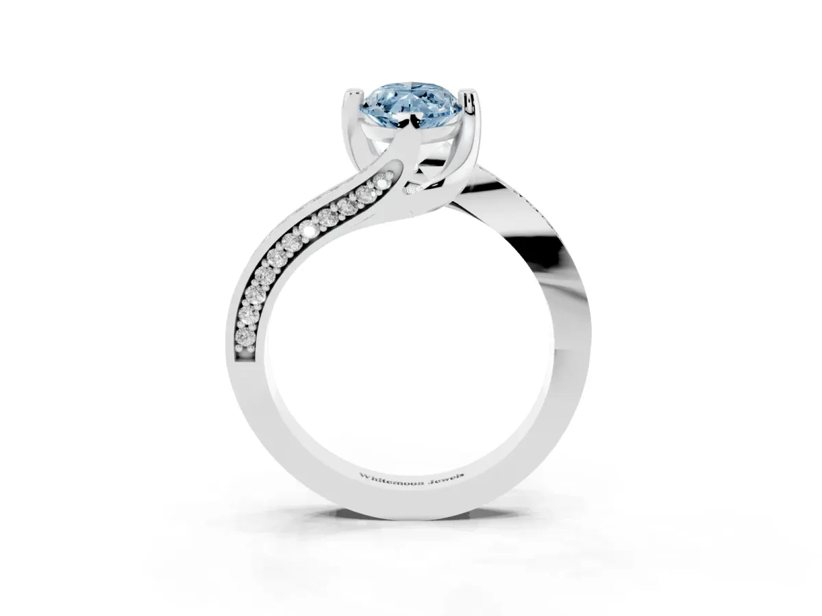 Fancy Blue Marquise Cut Solitaire Diamond Twist Band with Pavé Setting and Four-Prong Setting Silver