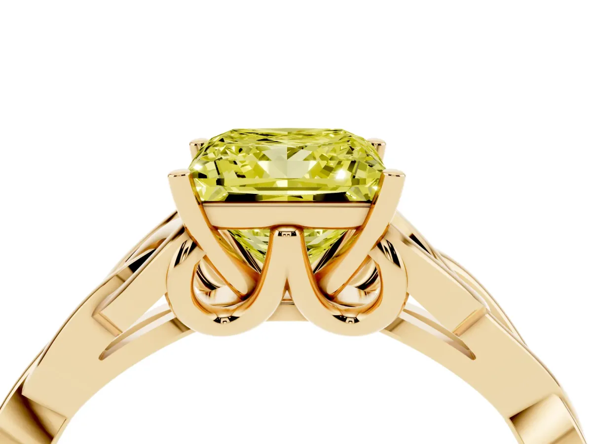 Fancy Yellow Princess Cut Diamond Solitaire Engagement Ring with Celtic Knot Band and Four-Prong Setting Yellow gold