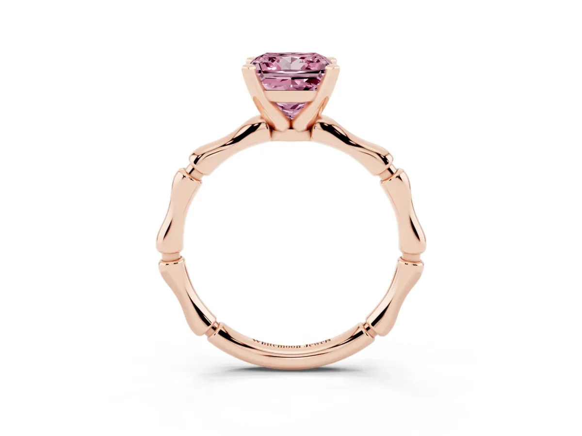 Fancy Pink Princess Cut Solitaire Diamond Ring with Bamboo Band and Four-Prong Setting Rose gold
