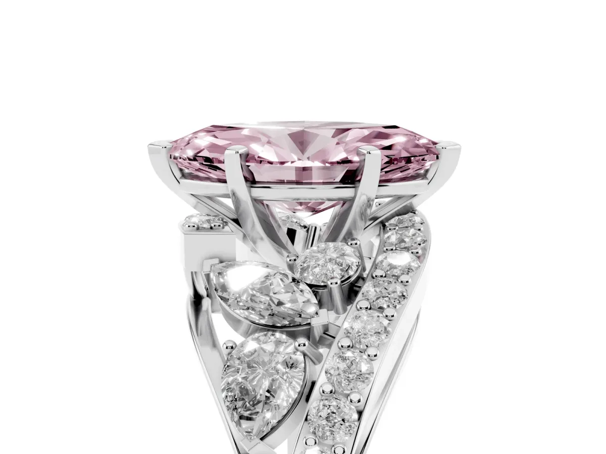 Fancy Pink Marquise Cut Diamond Halo Ring with Marquise and Pavé Band in Prong Setting Silver