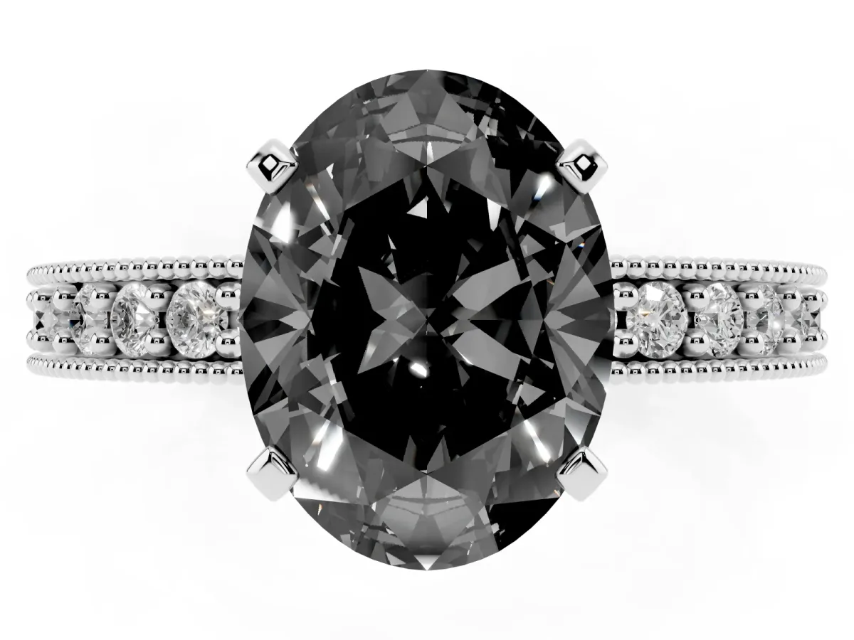 Fancy Black Oval Cut Diamond Milgrain Pavé Engagement Ring with Four-Prong Setting Silver