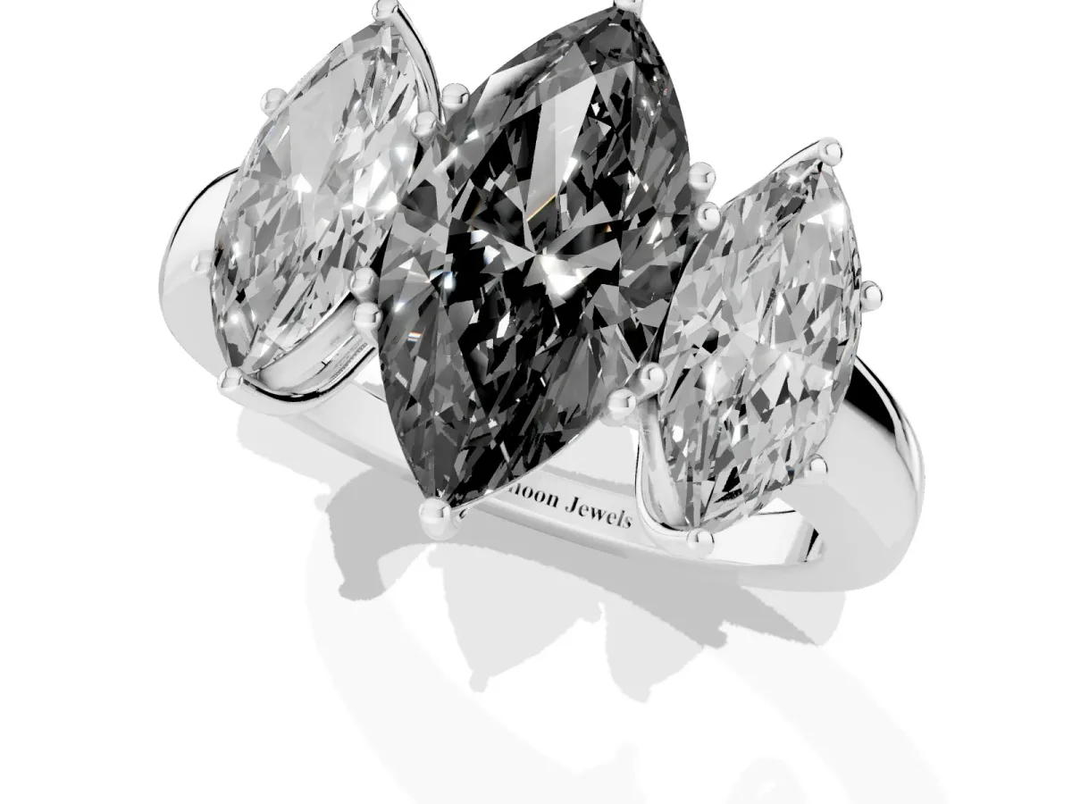 Fancy Black Marquise Cut Diamond Three-Stone Ring with Four-Prong Setting and Classic Band Silver