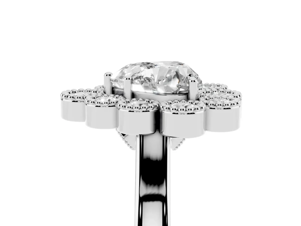 Heart Cut Halo Diamond Cluster Engagement Ring with Milgrain Bezel Setting and Solitaire Band White gold