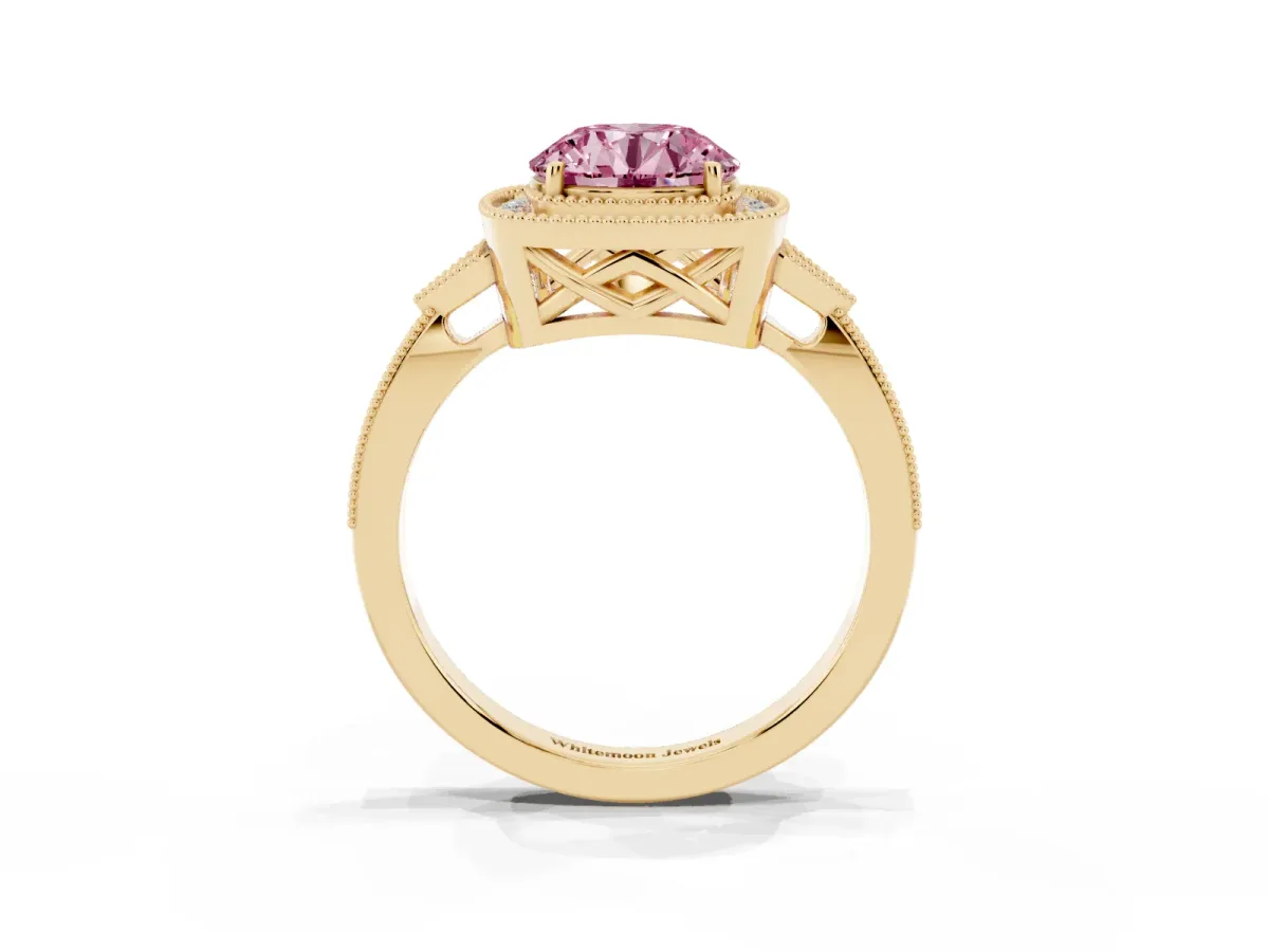 Fancy Pink Round Cut Halo Round Diamond Milgrain Pave Engagement Ring Yellow gold