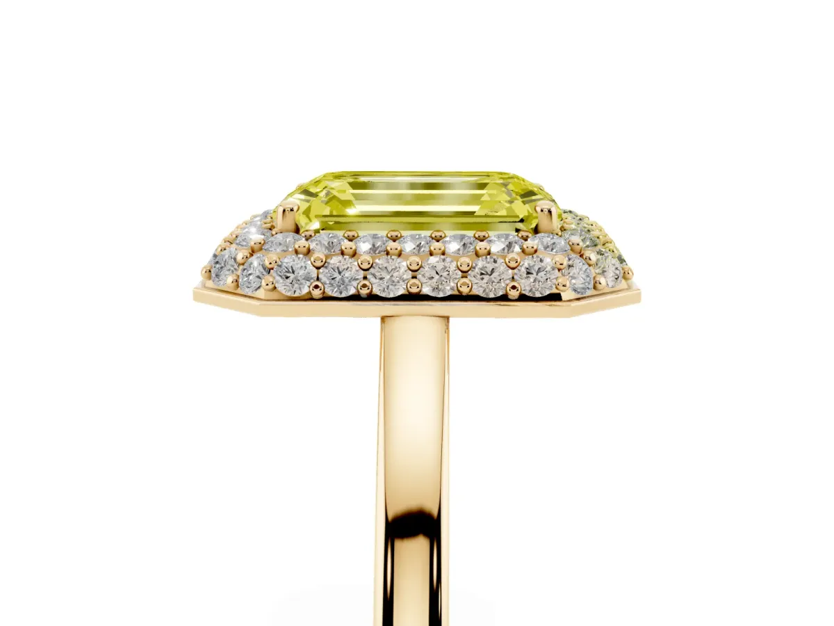 Fancy Yellow Emerald Cut Halo Diamond Engagement Ring with Solitaire Band and Four-Prong Setting Yellow gold