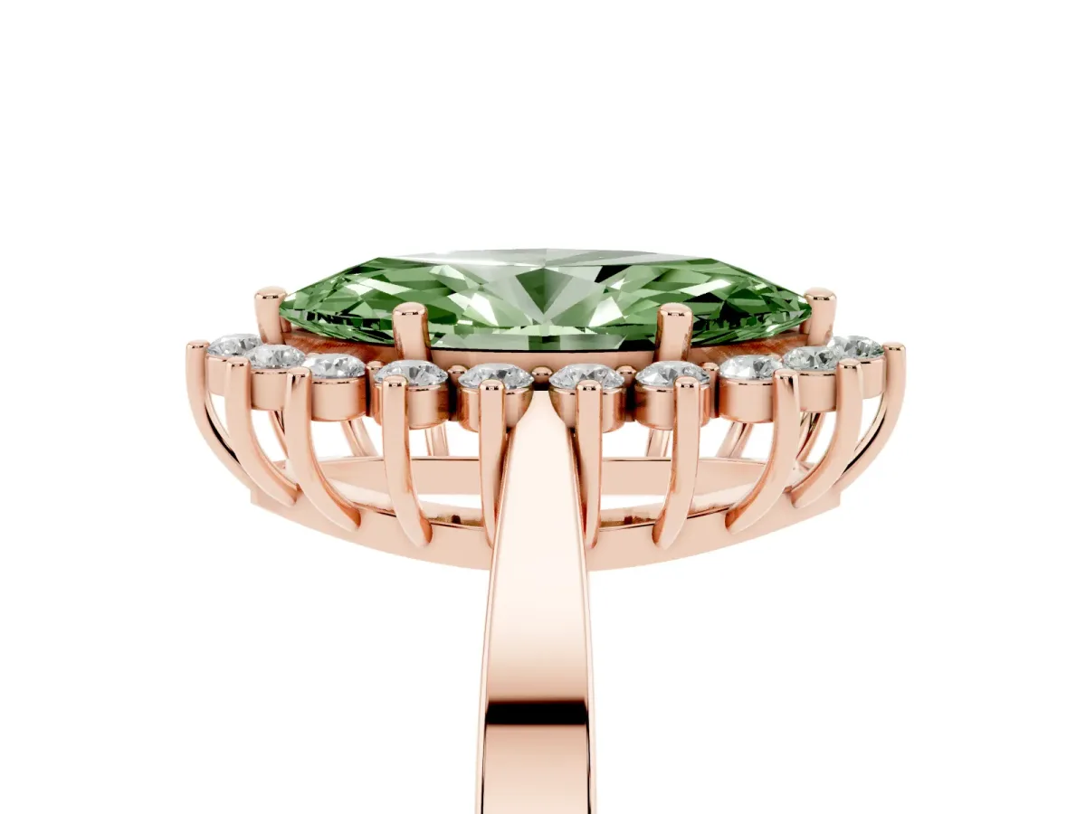Fancy Green Marquise Cut Cut Diamond Halo Ring with Round Brilliant Halo and Solitaire Band Rose gold