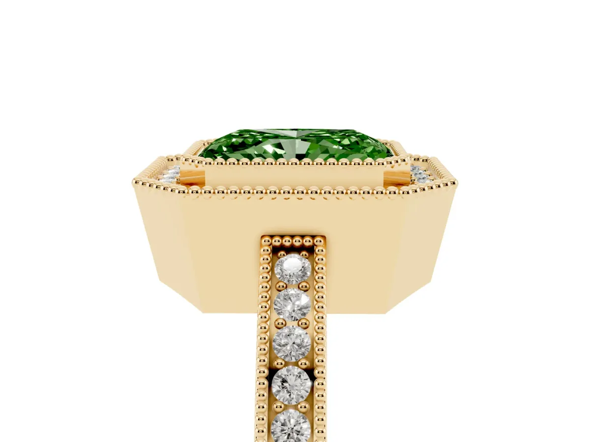 Fancy Green Radiant Cut Cut Halo Diamond Ring with Pavé Band and Milgrain Prong Setting Yellow gold