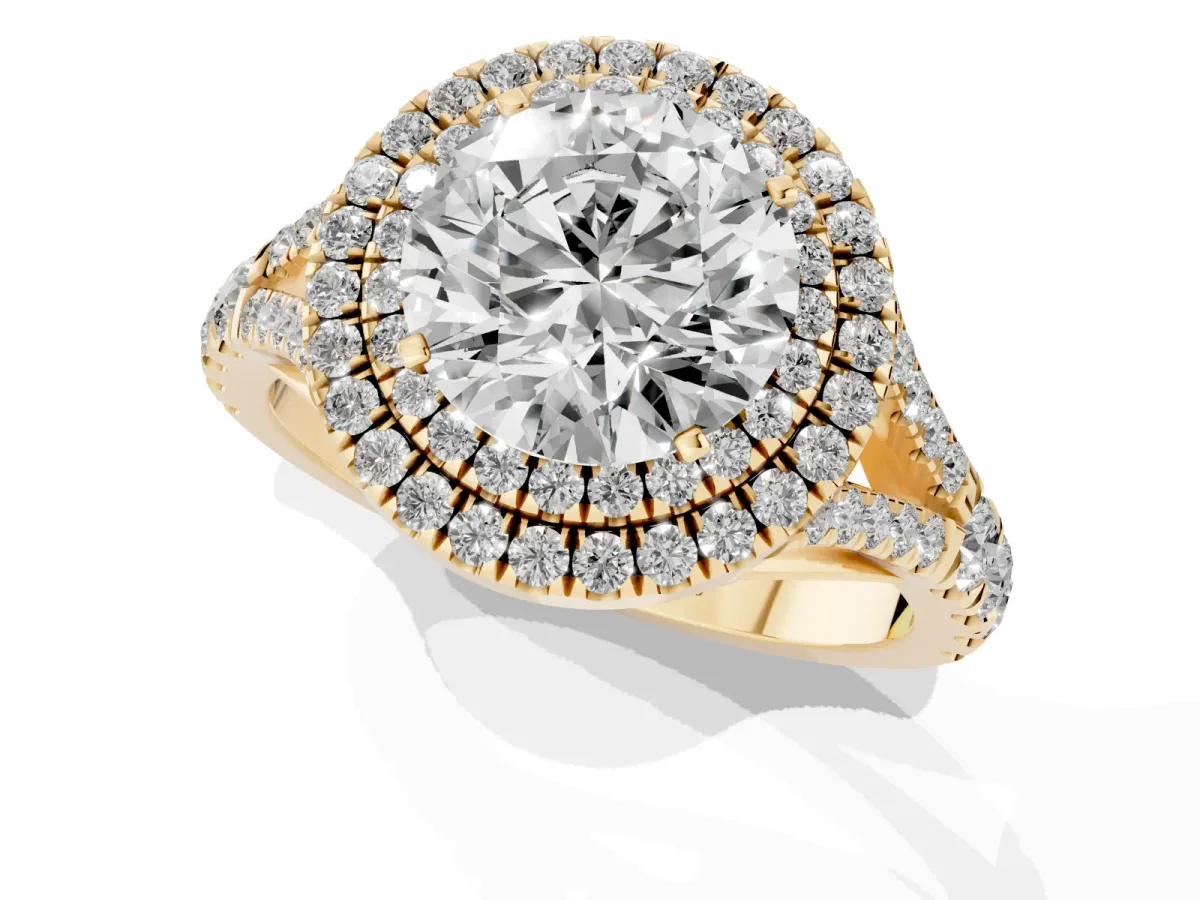 Double Halo Round Cut Diamond Split Shank Engagement Ring with Four-Prong Setting Yellow gold
