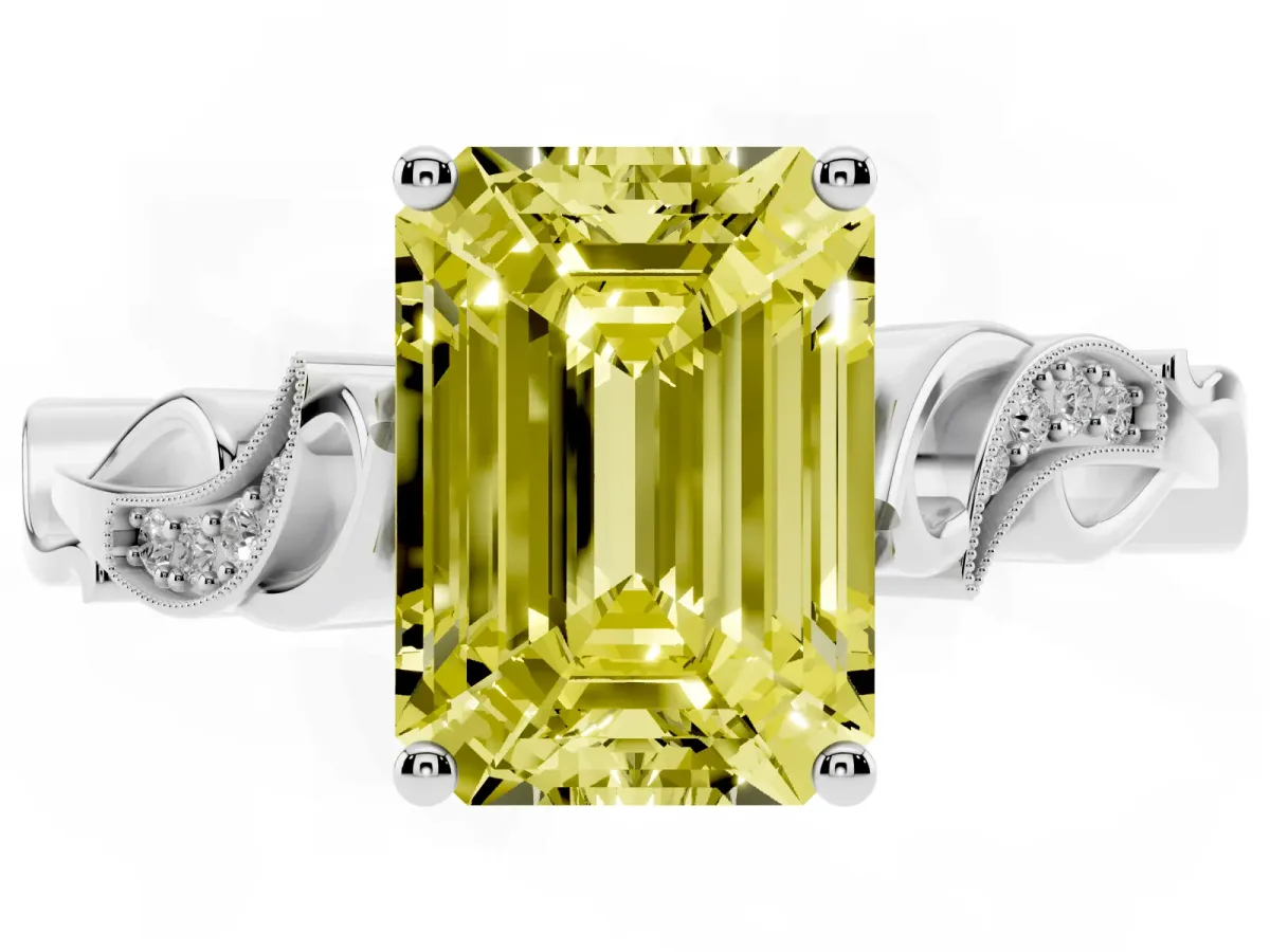 Fancy Yellow Emerald Cut Solitaire Vine Band with Milgrain Prong Setting White gold