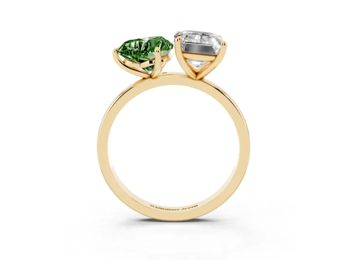 Fancy Green Heart Cut and Emerald Cut Toi Moi Ring with Prong Setting Yellow gold