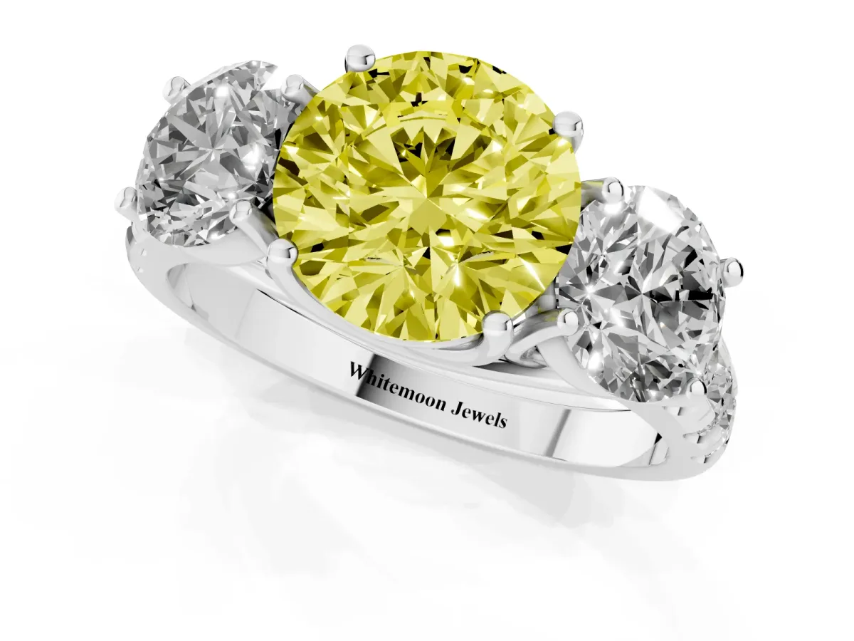 Fancy Yellow Three-Stone Round Cut Diamond Pavé Band with Prong Setting Silver