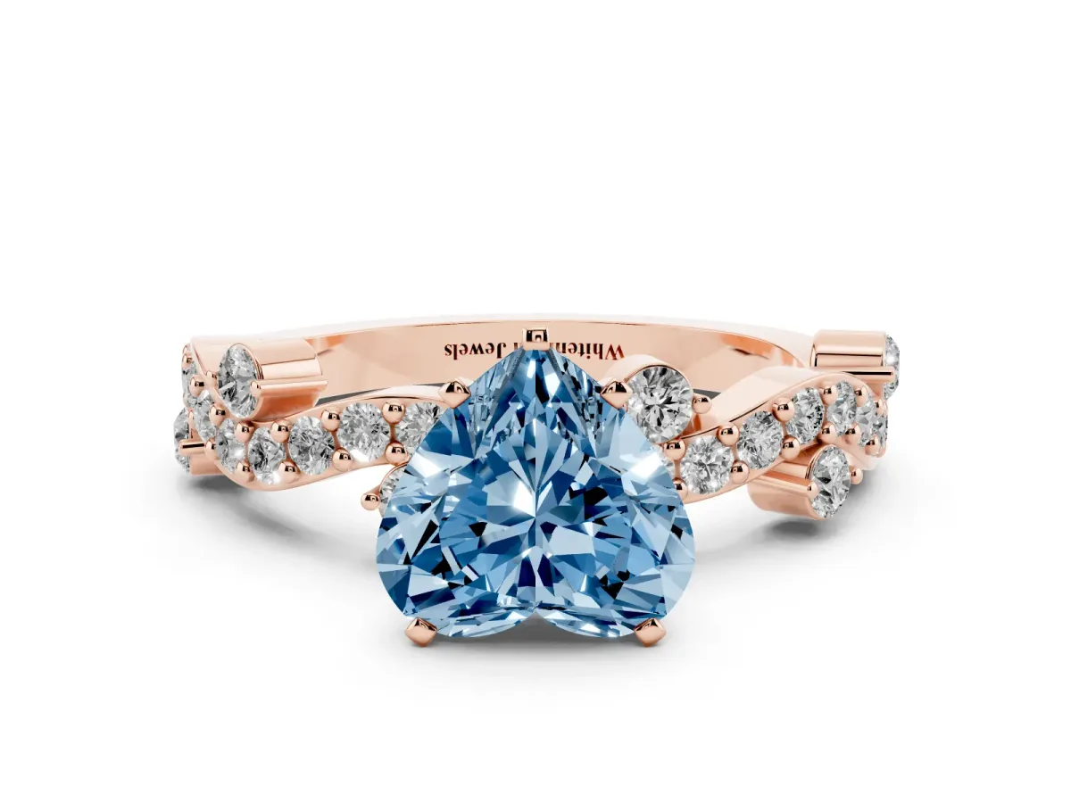 Fancy Blue Heart Cut Cut Solitaire Diamond Twisted Band with Pave Setting Rose gold