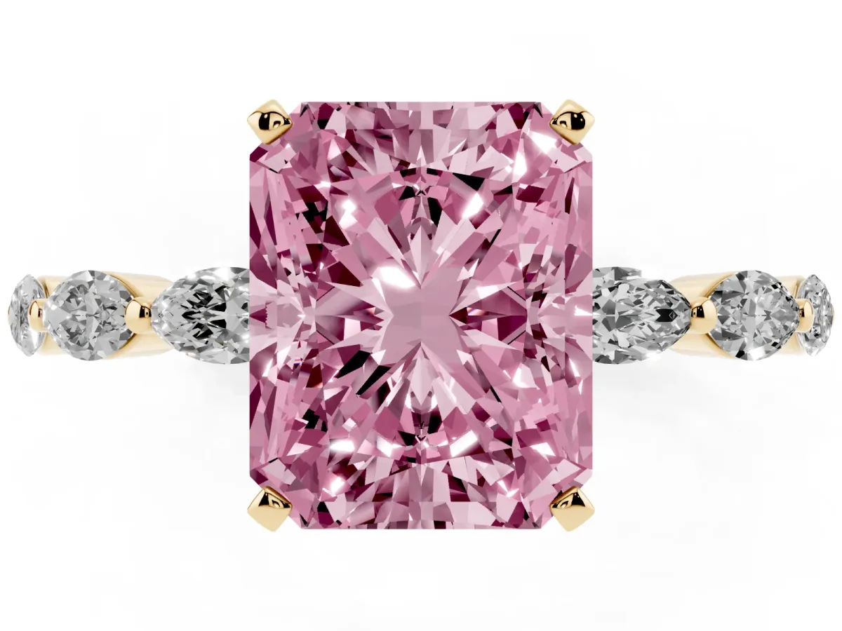 Fancy Pink Radiant Cut Diamond Ring with Marquise Side Stones and Prong Setting Yellow gold